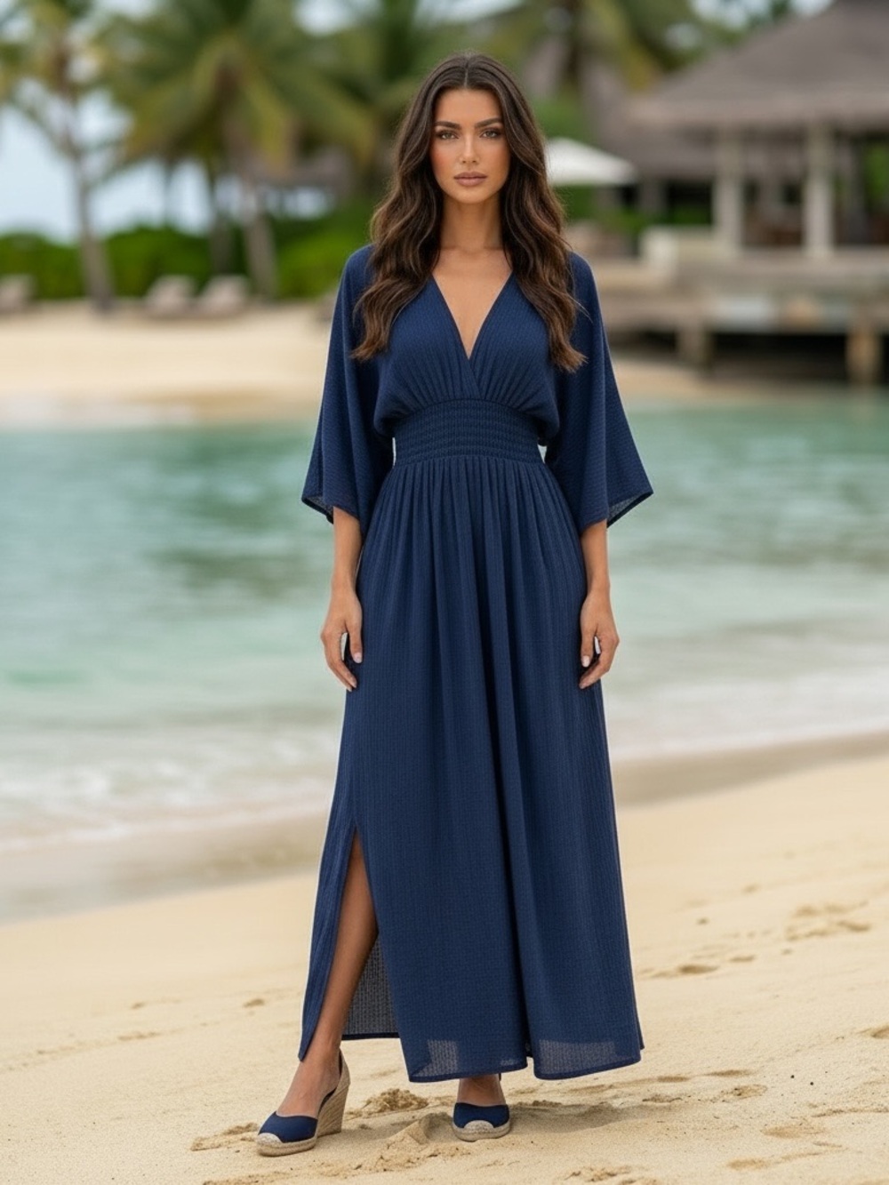 Love Stitch Blue Crinkle Gauze Maxi Dress S/M Boho Kimono Sleeve